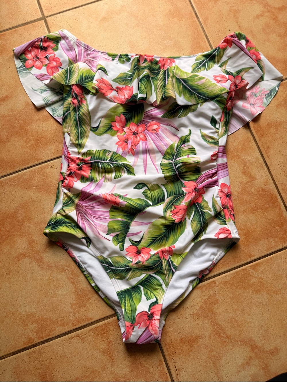 Kona Sol White Off-Shoulder One-Piece Swimsuit with Pink & Green Floral